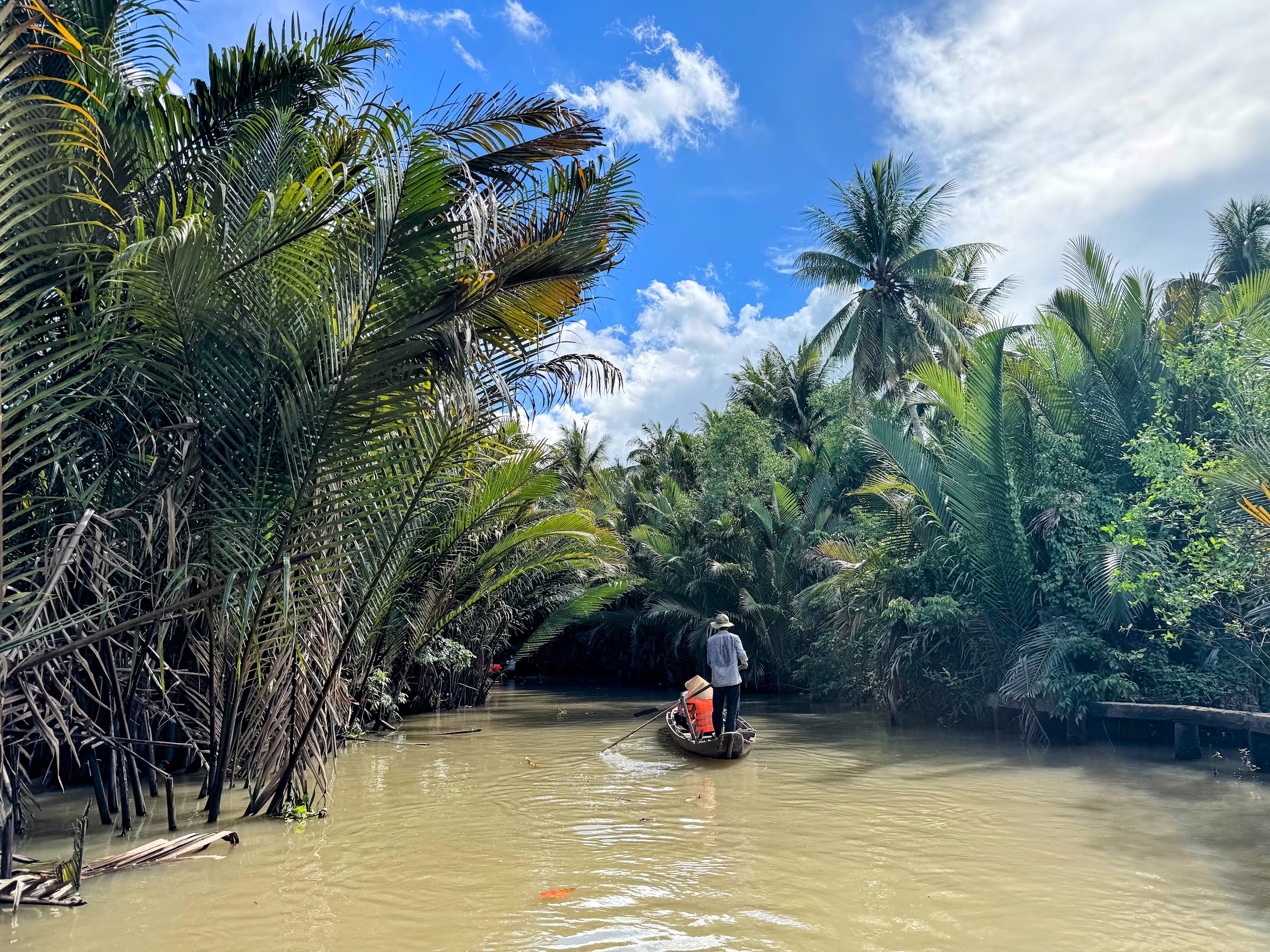 A lone rower traveling along a coconut-lined canal in Ben Tre
