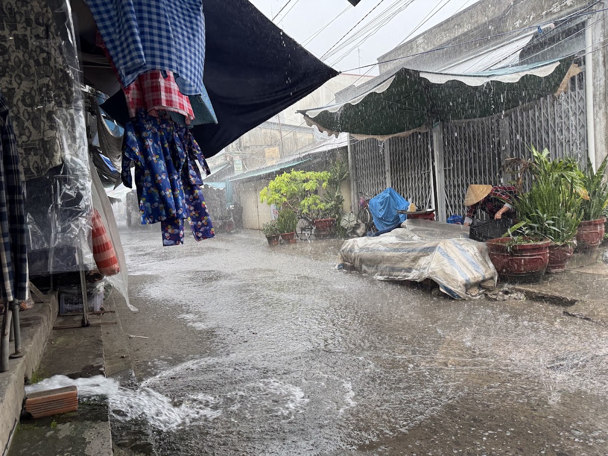 Heavy rain falling across a narrow street beside covered stalls in a Ben Tre village market