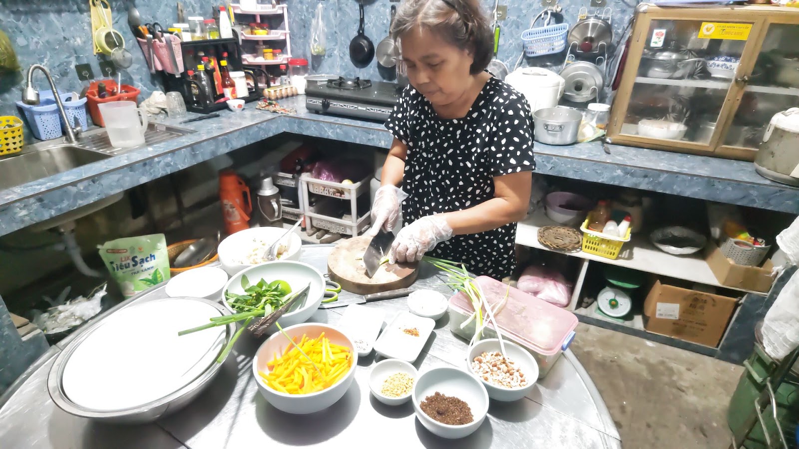 Thuần's aunt preparing vegetables and ingredients at the family kitchen counter at Coco Happy Farm