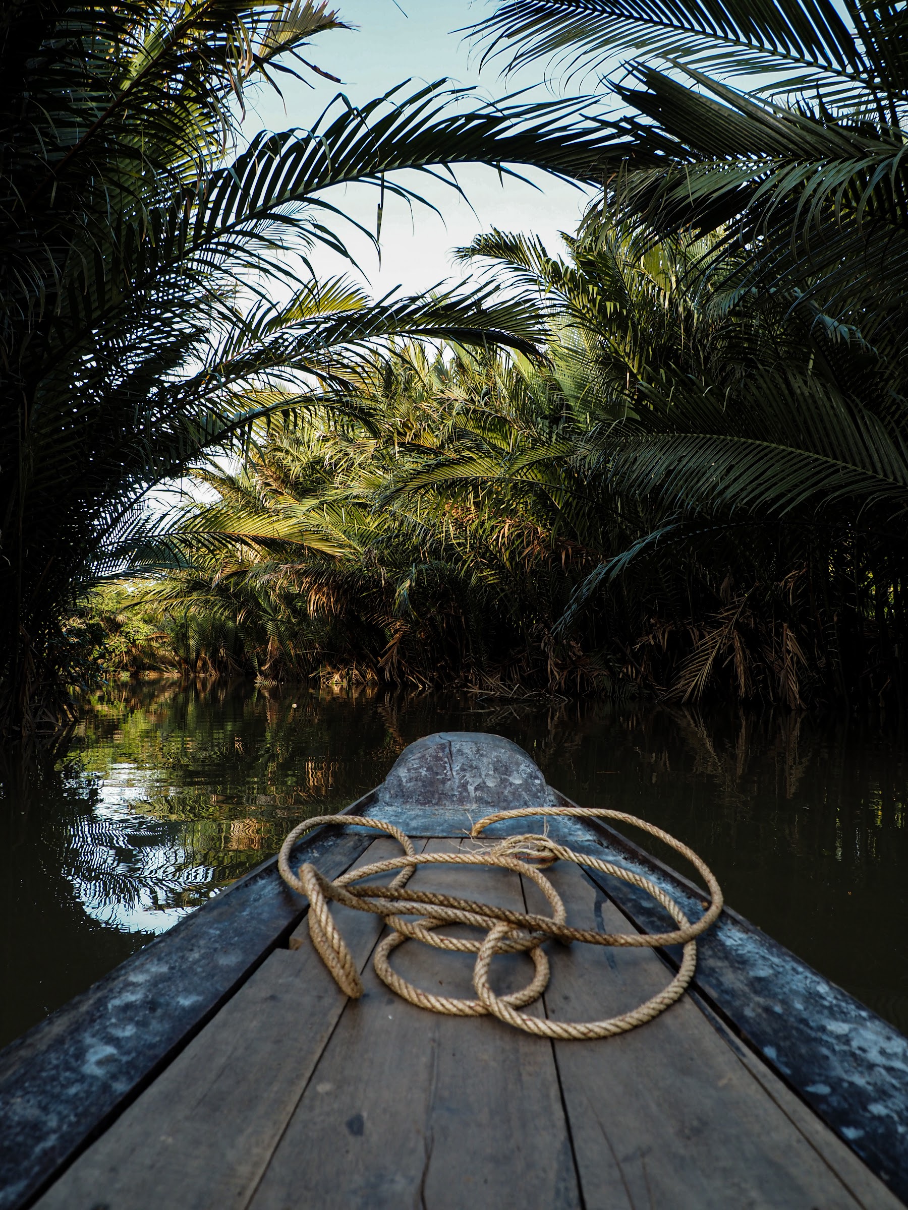View from the bow of a wooden boat entering a shaded nipa-palm canal in Ben Tre