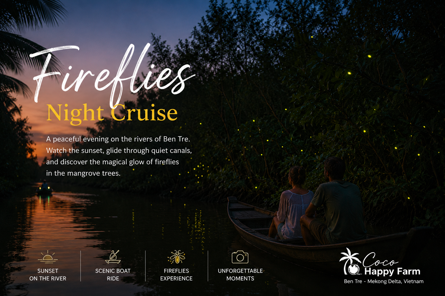 Coco Happy Farm Fireflies Night Cruise artwork showing an evening river journey