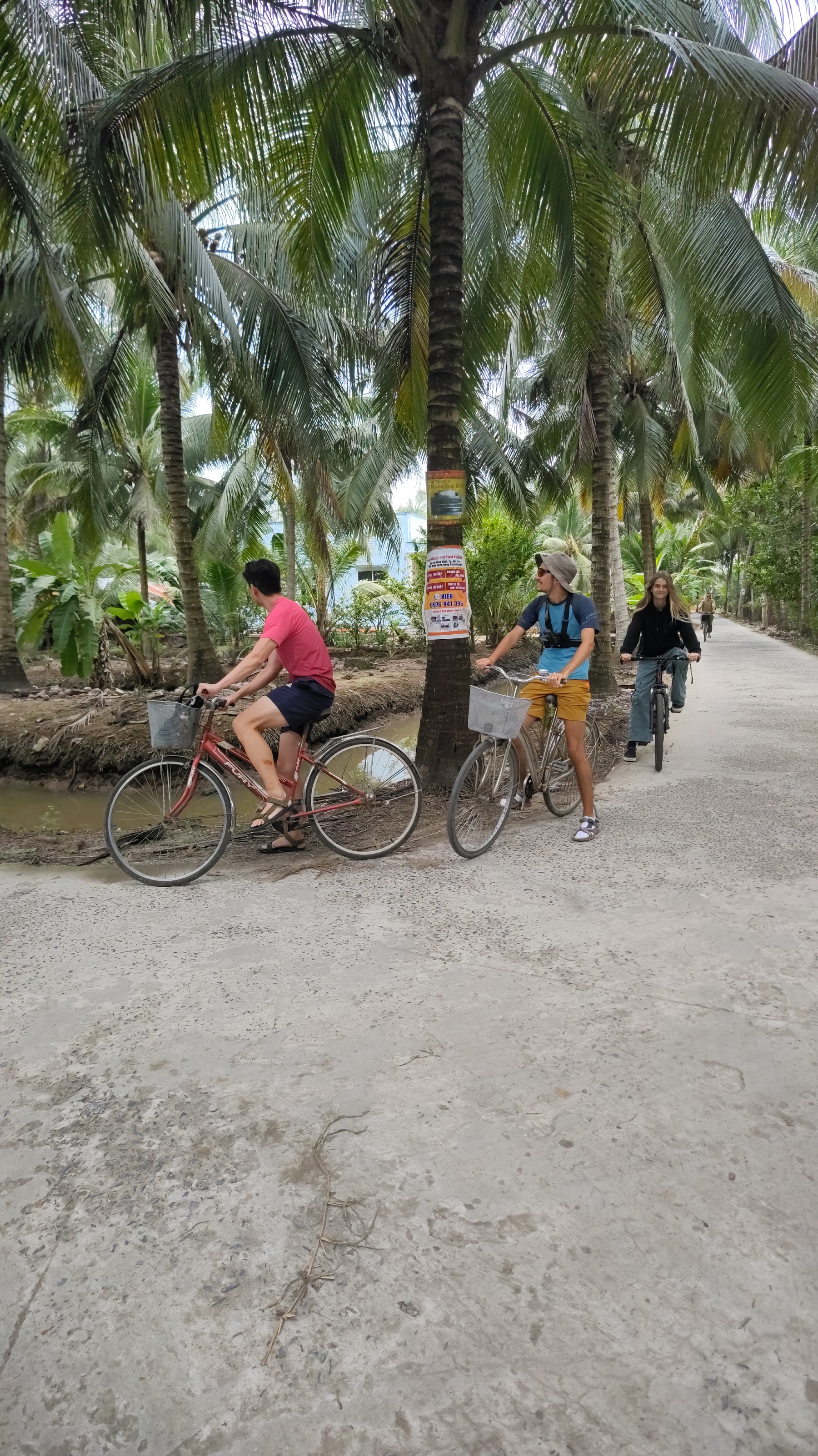 Travelers cycling beside a small coconut-processing area in rural Ben Tre