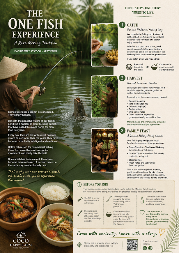 The One Fish Experience illustrated guide showing fishing, garden harvest and a Mekong family feast