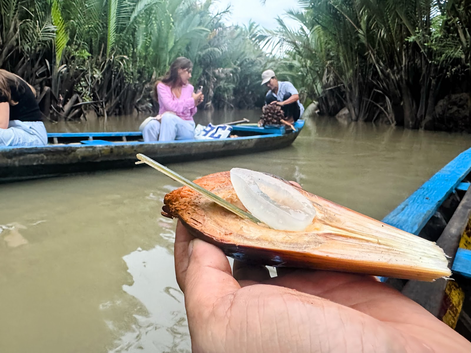 Fresh nipa-palm fruit shared from a traditional boat in Ben Tre